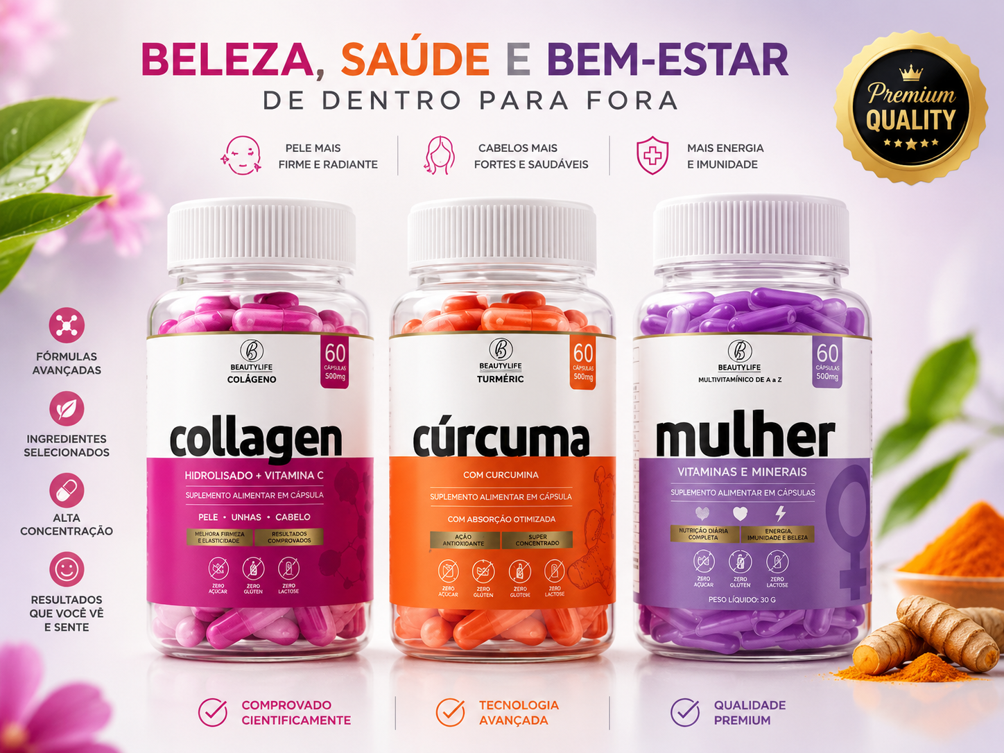 SUPERT Kit Colágeno + Cúrcuma + Multivitamínico Mulher